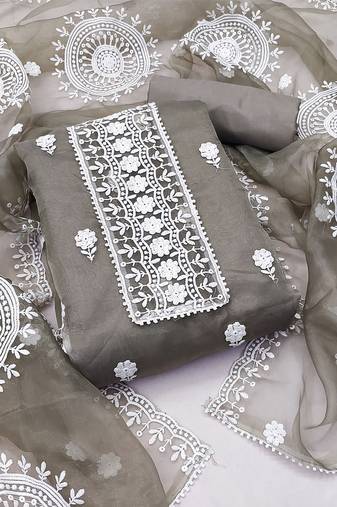 unstitched dress material with white floral embroidery & organza dupatta