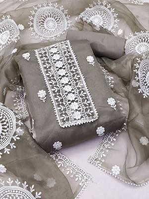 unstitched dress material with white floral embroidery & organza dupatta 1