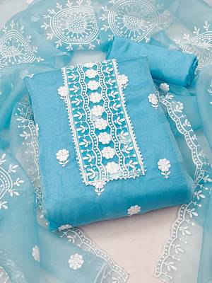 unstitched dress material with white floral embroidery & organza dupatta 1