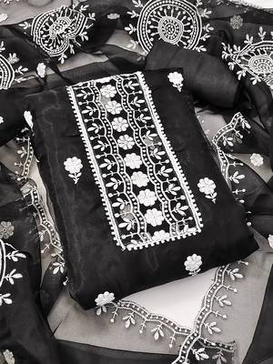 unstitched dress material with white floral embroidery & organza dupatta 1