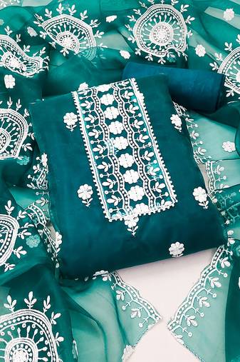 unstitched dress material with white floral embroidery & organza dupatta