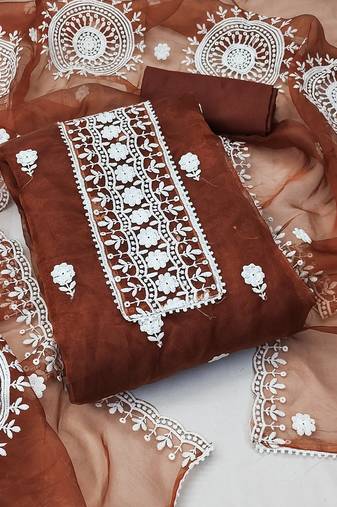 unstitched dress material with white floral embroidery & organza dupatta