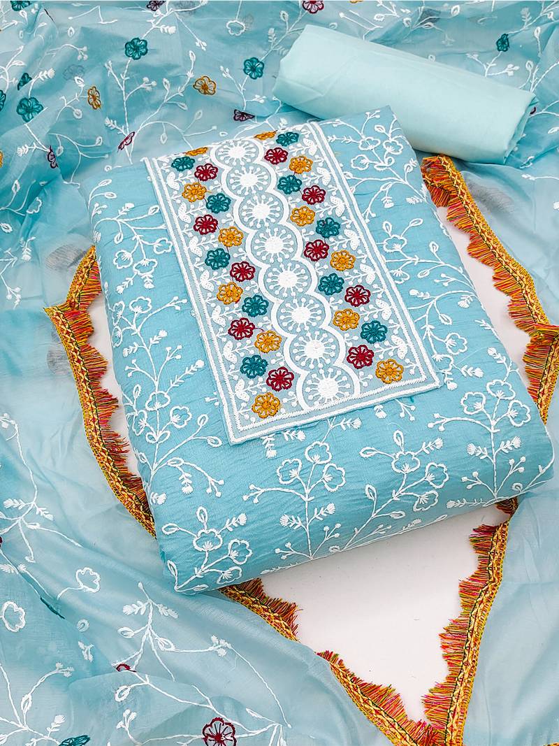 floral embroidered unstitched dress material with multicolor dupatta