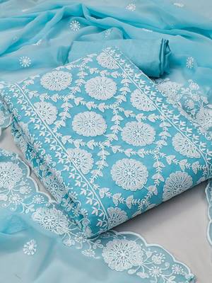 Floral embroidered unstitched dress material with net dupatta 1