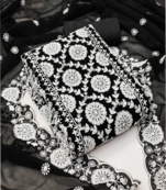 Floral embroidered unstitched dress material with net dupatta