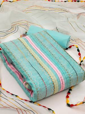 cream organza striped dress material with multicolor thread work dupatta 1