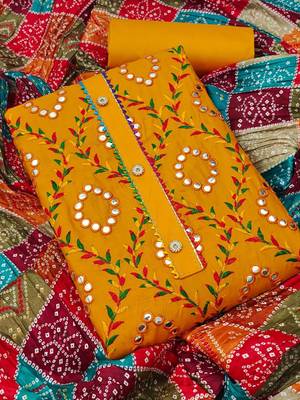 Traditional mirror work embroidered cotton dress material with multicolor bandhani dupatta 1