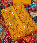 Traditional mirror work embroidered cotton dress material with multicolor bandhani dupatta