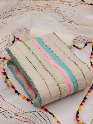 cream organza striped dress material with multicolor thread work dupatta 1