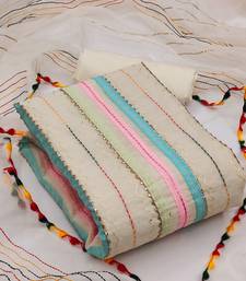 cream organza striped dress material with multicolor thread work dupatta