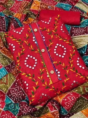 Traditional mirror work embroidered cotton dress material with multicolor bandhani dupatta 1