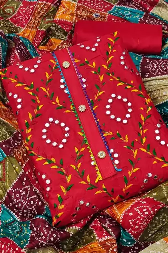 Traditional mirror work embroidered cotton dress material with multicolor bandhani dupatta