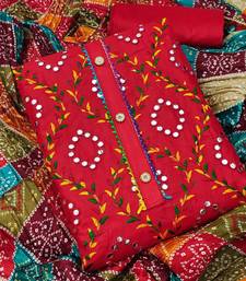 Traditional mirror work embroidered cotton dress material with multicolor bandhani dupatta