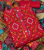 Traditional mirror work embroidered cotton dress material with multicolor bandhani dupatta