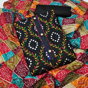 Traditional mirror work embroidered cotton dress material with multicolor bandhani dupatta 1
