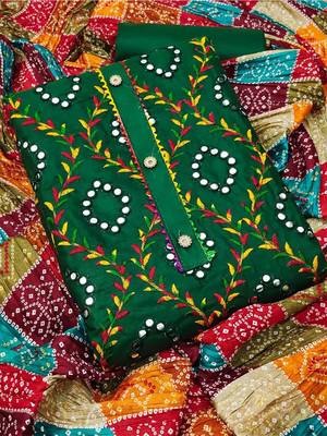 Traditional mirror work embroidered cotton dress material with multicolor bandhani dupatta 1