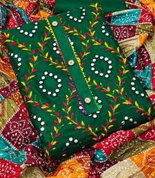 Traditional mirror work embroidered cotton dress material with multicolor bandhani dupatta