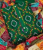 Traditional mirror work embroidered cotton dress material with multicolor bandhani dupatta