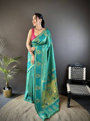 rama green silk blend meenakari zari weaving paithani saree 1