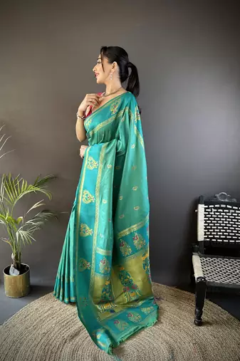rama green silk blend meenakari zari weaving paithani saree
