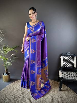 purple silk blend meenakari zari weaving paithani saree 1