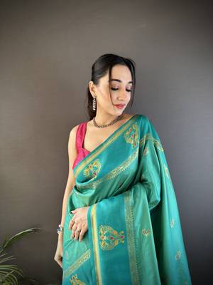 rama green silk blend meenakari zari weaving paithani saree 3