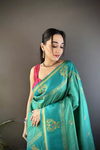 rama green silk blend meenakari zari weaving paithani saree