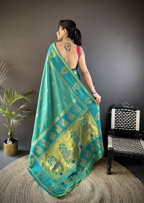 rama green silk blend meenakari zari weaving paithani saree 4