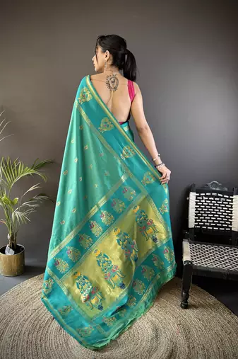 rama green silk blend meenakari zari weaving paithani saree