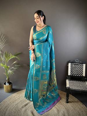 sky blue silk blend meenakari zari weaving paithani saree 1