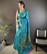 sky blue silk blend meenakari zari weaving paithani saree
