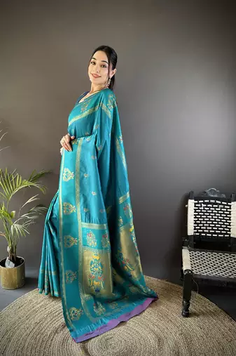 sky blue silk blend meenakari zari weaving paithani saree