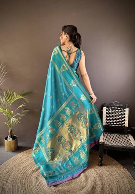 sky blue silk blend meenakari zari weaving paithani saree 4