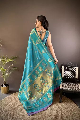 sky blue silk blend meenakari zari weaving paithani saree