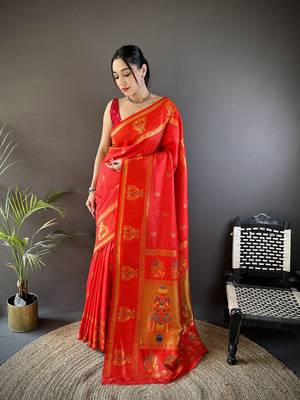 red silk blend meenakari zari weaving paithani saree 1