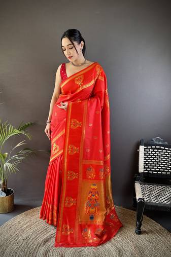 red silk blend meenakari zari weaving paithani saree