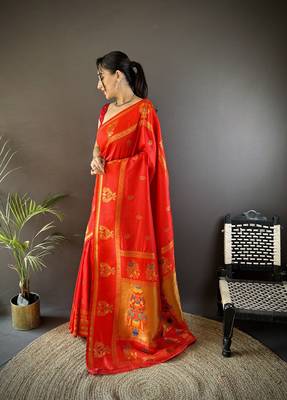 red silk blend meenakari zari weaving paithani saree 2
