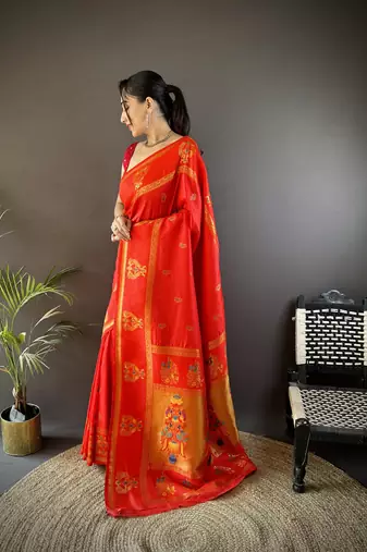 red silk blend meenakari zari weaving paithani saree