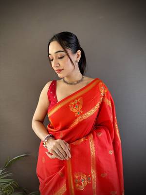 red silk blend meenakari zari weaving paithani saree 3