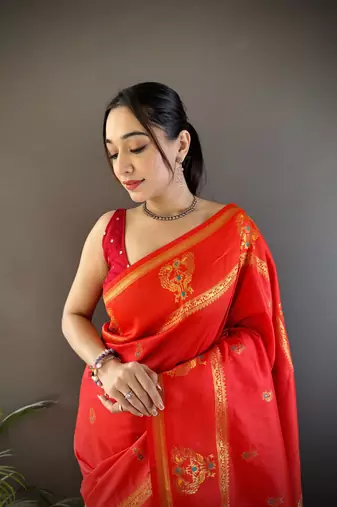 red silk blend meenakari zari weaving paithani saree
