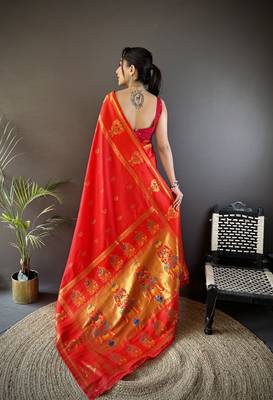 red silk blend meenakari zari weaving paithani saree 4