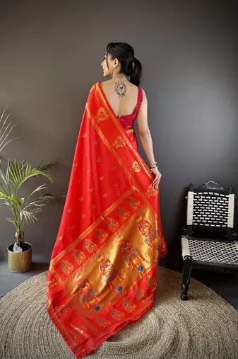 red silk blend meenakari zari weaving paithani saree