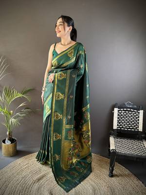 dark green silk blend meenakari zari weaving paithani saree 1