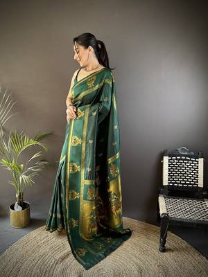 dark green silk blend meenakari zari weaving paithani saree 2