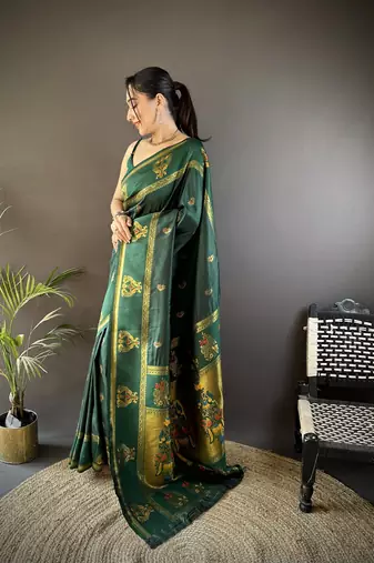 dark green silk blend meenakari zari weaving paithani saree