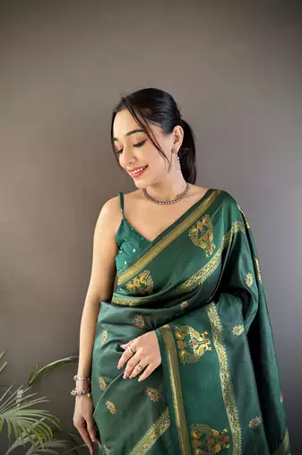 dark green silk blend meenakari zari weaving paithani saree