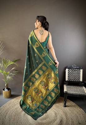 dark green silk blend meenakari zari weaving paithani saree 4