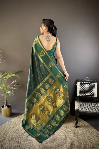 dark green silk blend meenakari zari weaving paithani saree