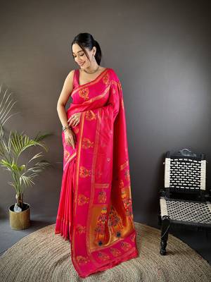 pink silk blend meenakari zari weaving paithani saree 1