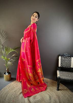 pink silk blend meenakari zari weaving paithani saree 2